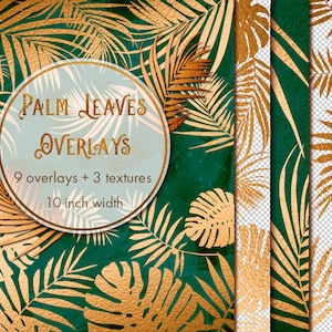 Bladgoud overlays, Gouden palm bladeren clipart, Tropische overlays, Bloemen overlays, Gouden clipart, Smaragdgroen, Rand overlays