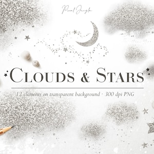 Zilveren wolken en sterren clipart, Zilveren ster digitale overlays, Zilveren maan, Nachtelijke hemel clipart, Zilveren glitter wolken, Hemelse overlays