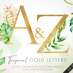 Letras douradas com folhas de palmeira em aquarela, clipart de alfabeto dourado, letras douradas, clipart de fonte dourada, letras de monograma, alfabeto tropical