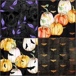 May include: A digital paper pack with four different Halloween themed patterns. The patterns include a skull and leaves, pumpkins and bats, bats on a black and gold geometric background, and pumpkins and bats on a black background.