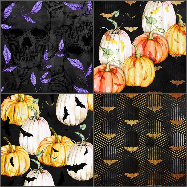 May include: A digital paper pack with four different Halloween themed patterns. The patterns include a skull and leaves, pumpkins and bats, bats on a black and gold geometric background, and pumpkins and bats on a black background.