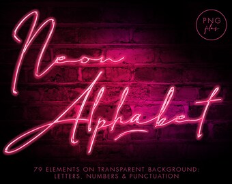 May include: Neon pink alphabet letters, numbers, and punctuation marks on a transparent background. The word "Neon Alphabet" is written in a handwritten style.
