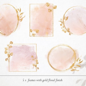 Peut inclure: Cinq cadres aquarelle avec des accents floraux dor&eacute;s. Les cadres sont de formes vari&eacute;es, notamment des cercles et des carr&eacute;s. Les cadres sont parfaits pour ajouter une touche d'&eacute;l&eacute;gance &agrave; tout projet.