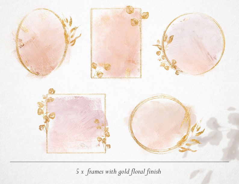 Peut inclure: Cinq cadres aquarelle avec des accents floraux dor&eacute;s. Les cadres sont de formes vari&eacute;es, notamment des cercles et des carr&eacute;s. Les cadres sont parfaits pour ajouter une touche d'&eacute;l&eacute;gance &agrave; tout projet.
