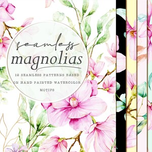 Op de afbeelding: Een set van 12 naadloze patronen met aquarel illustraties van roze magnolia bloemen en groene bladeren. De patronen zijn gebaseerd op met de hand geschilderde aquarelmotieven. De tekst "seamless magnolias" wordt weergegeven in een cirkel.