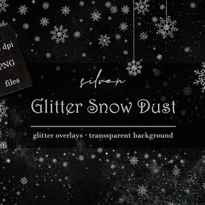Könnte beinhalten: Ein schwarzer Hintergrund mit silbernen Glitzer-Schneeflocken und dem Text "Silver Glitter Snow Dust". Das Bild enthält ein Etikett mit der Aufschrift "300 dpi PNG files". Das Design verfügt über Glitzer-Overlays und einen transparenten Hintergrund.