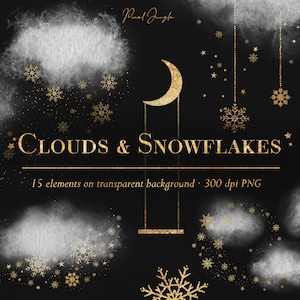 Grijze wolken en sneeuwvlokken clipart, Gouden ster digitale overlays, Winter overlays, Nacht hemel clipart, Wolken clipart, Hemelse clipart, PNG