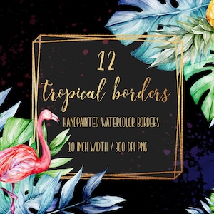 Watercolor tropical borders clipart, Tropical overlays, Hand drawn watercolor clipart, Ice cream clipart,Flamingo clipart,Watermelon clipart