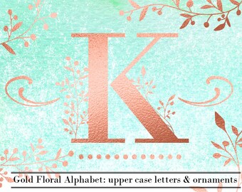 Różowozłoty monogram alfabet clipart, Ślub Różowozłoty alfabet, Kwiatowy monogram ślubny clipart, Litery monogramu, Typografia clipart