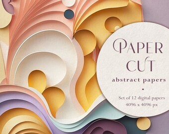 May include: Abstract paper cut design in pastel colors of peach, yellow, and lavender. The image features layered paper shapes with a circular design element. Text on the image reads "PAPER CUT abstract papers" and "Set of 12 digital papers 4096 x 4096 px."