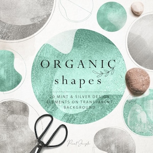 Puede incluir: Un conjunto de 20 formas orgánicas en colores menta y plata. Las formas son abstractas y tienen un aspecto texturizado. El texto "ORGANIC shapes" está escrito en negro sobre un fondo verde menta. El texto "20 MINT & SILVER DESIGN ELEMENTS ON TRANSPARENT BACKGROUND" está escrito en negro debajo del título.