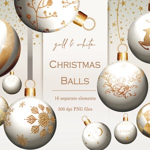 金と白のクリスマスオーナメントのクリップアート：冬のオーナメント（PNG）