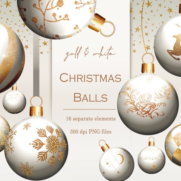White christmas balls clipart, Gold christmas baubles, Winter ornaments, Winter design elements, Christmas decoration, Gold xmas balls, PNG