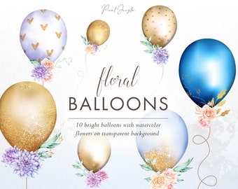 Floral Balloon Clipart: Watercolor Flowers, Gold Glitter (PNG Digital Download)