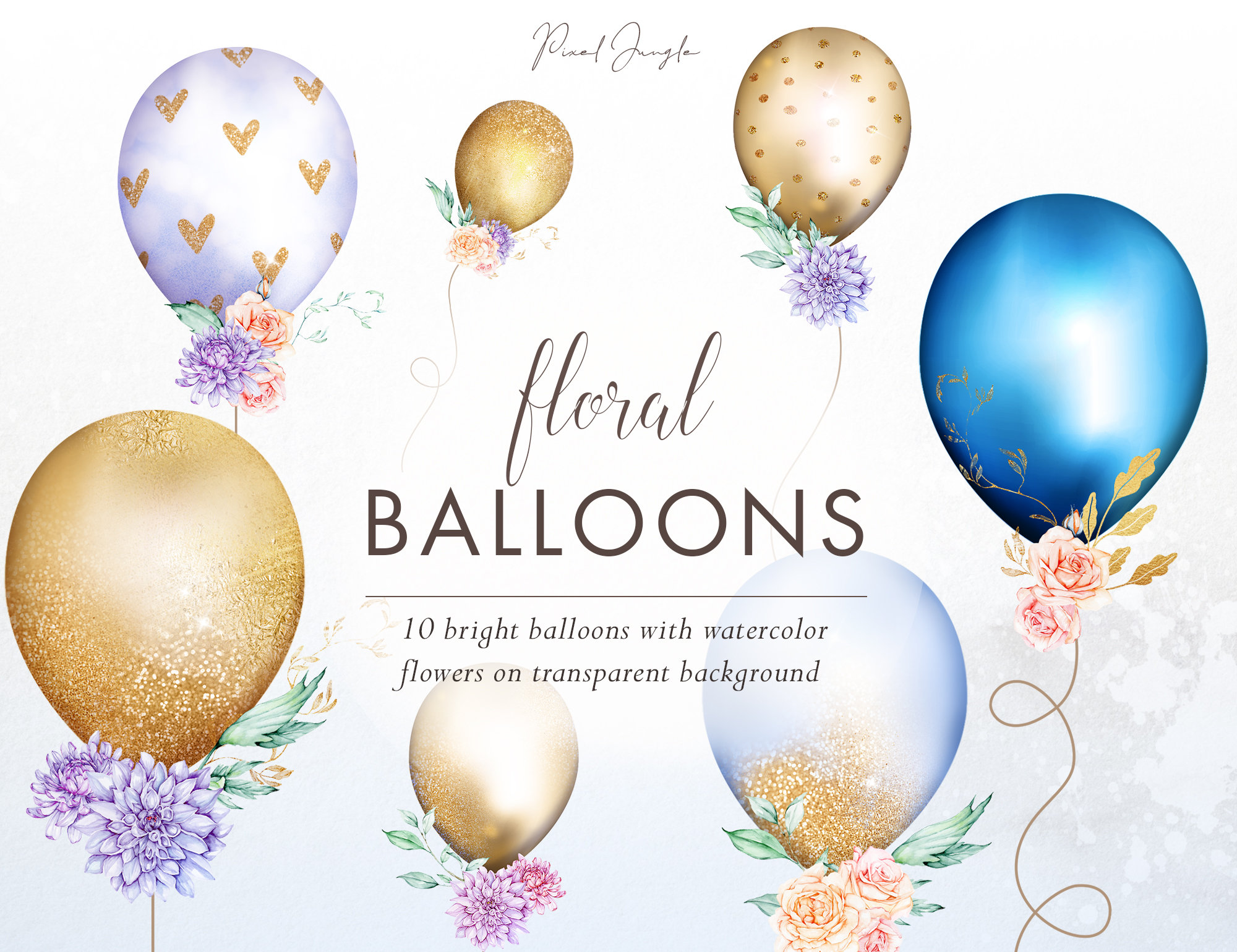 Floral Balloon Clipart: Watercolor Flowers, Gold Glitter (PNG Digital  Download) - Etsy, image size:2000x1540