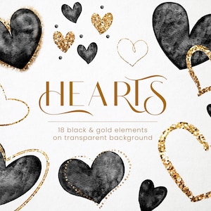 Schwarze Herzen, Gold Glitzer Herzen, Herz Clip art, Handgemalte schwarze Herzen, Aquarell Herzen, Valentinstag Clipart, Transparent PNG