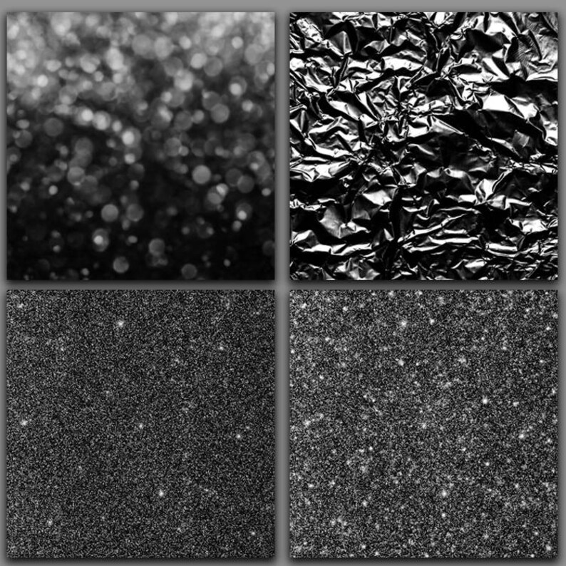 Puede incluir: Cuatro texturas diferentes en blanco y negro: un fondo borroso de luces blancas, un trozo de papel de aluminio arrugado y dos primeros planos diferentes de purpurina negra.