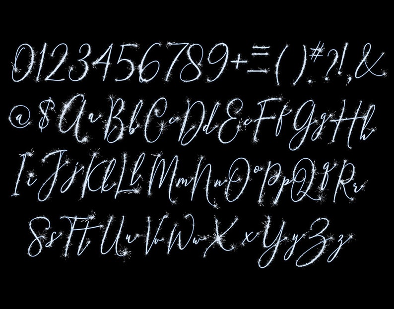 May include: Sparkling white font with a handwritten style, featuring the alphabet, numbers, and punctuation marks. The letters and numbers are made of white sparkles on a black background.