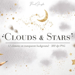 Gray clouds and stars clipart, Gold star digital overlays, Golden moon, Night sky clipart, Gray clouds clipart, Celestial overlay, Gold dust