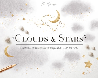 Watercolor Clouds and Gold Stars Clipart Overlays (Digital Download)