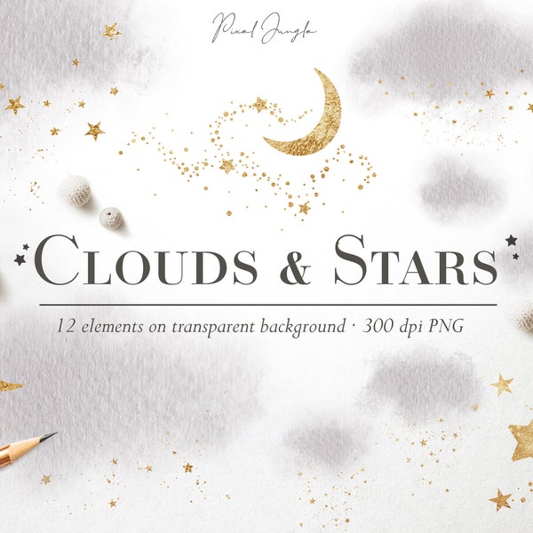 Gray clouds and stars clipart, Gold star digital overlays, Golden moon, Night sky clipart, Gray clouds clipart, Celestial overlay, Gold dust