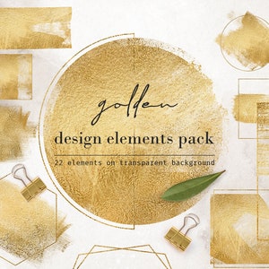 May include: A set of 22 gold foil design elements on a transparent background. The elements include circles, squares, rectangles, and hexagons. The gold foil has a textured, metallic look.