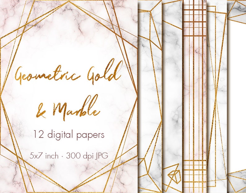 Gold Marble Digital Paper With Frames, 5x7, Geometric Digital Paper ...