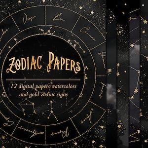 Sternzeichen digitale Papiere mit Goldfolie, Aquarell Sternzeichen Tapete, Sternzeichen Hintergrund, Schwarze himmlische digitale Papiere, Papierpackung, JPG