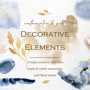 May include: A set of 18 digital watercolour and gold decorative elements. The elements include abstract watercolour shapes in shades of blue, brown, and beige, and gold floral motifs.