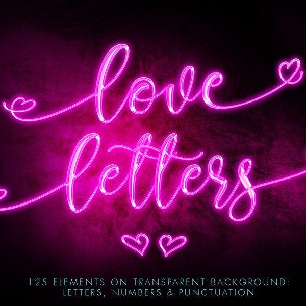 Pink neon alphabet clipart, Neon letters with hearts, Neon font clipart, Neon numerals, Neon overlays, Neon numbers, Neon letter overlays