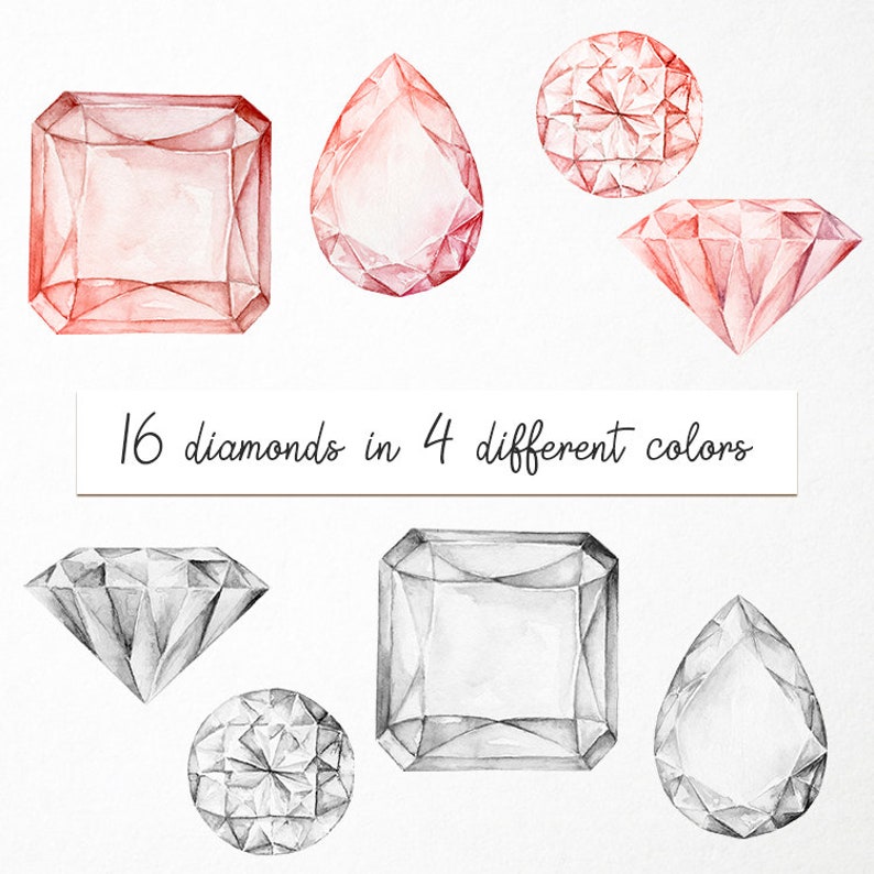 Puede incluir: Ilustraci&oacute;n de acuarela de 16 diamantes en cuatro colores diferentes. Los diamantes est&aacute;n dibujados en tonos de rosa, rojo y gris. El texto "16 diamantes en 4 colores diferentes" est&aacute; escrito debajo de los diamantes.