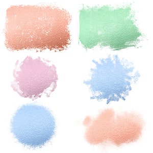 May include: Six different colors of metallic paint swatches. The colors are peach, light green, pink, light blue, a darker blue, and a lighter peach.