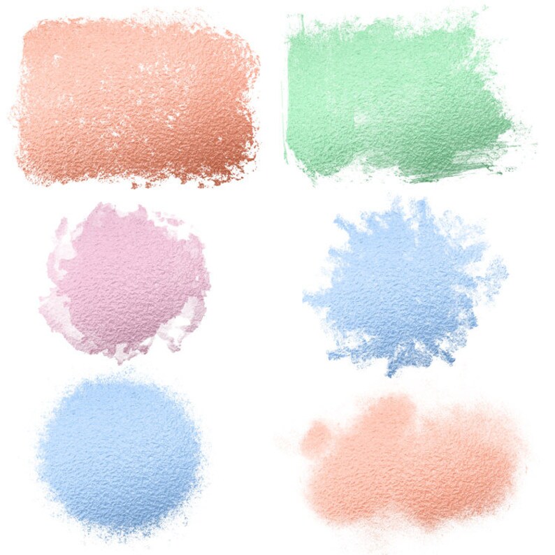 May include: Six different colors of metallic paint swatches. The colors are peach, light green, pink, light blue, a darker blue, and a lighter peach.