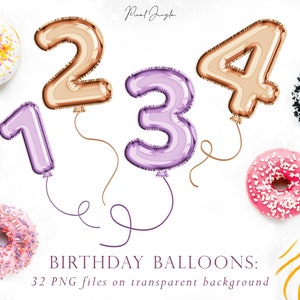 Verjaardag ballon clipart, Lila ballon cijfers, Paarse ballon nummers, Paarse nummers, Beige ballon cijfers, PNG Design elementen