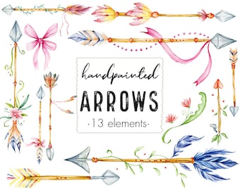 Aquarelpijlen clipart, Handgetekende pijlen illustraties, Aquarelontwerpelementen, Veerpijlen, Boho-clipart, Tribal-pijlen, Handgeschilderd