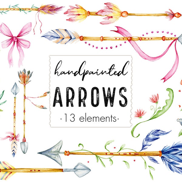Watercolor arrows clipart, Hand drawn arrows clip art, Watercolor design elements, Feather arrows, Boho clipart, Tribal arrows, Handpainted