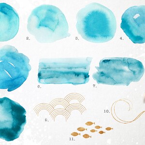 K&ouml;nnte beinhalten: Ein Set mit 11 Aquarell-Illustrationen mit blauen und t&uuml;rkisfarbenen Aquarellen, goldenen Fischen und goldenen geometrischen Formen. Die Illustrationen sind perfekt, um Ihren Designs einen Hauch von Verspieltheit zu verleihen.
