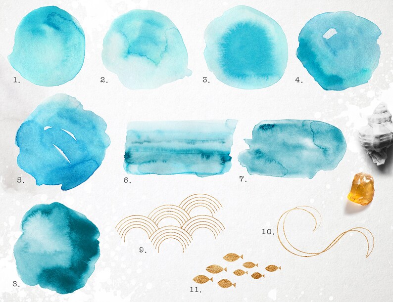K&ouml;nnte beinhalten: Ein Set mit 11 Aquarell-Illustrationen mit blauen und t&uuml;rkisfarbenen Aquarellen, goldenen Fischen und goldenen geometrischen Formen. Die Illustrationen sind perfekt, um Ihren Designs einen Hauch von Verspieltheit zu verleihen.