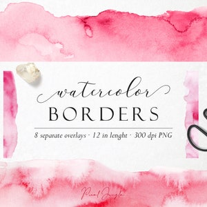 Blush aquarelrandoverlays, randclipart, roze randclipillustra, blozende roze ontwerpelementen, verfstalen, transparante PNG