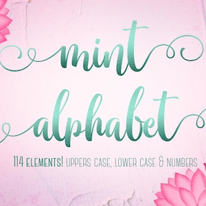 May include: Mint green alphabet font with a decorative flourish on each side of the word "mint" and "alphabet". The text "114 ELEMENTS! UPPER CASE, LOWER CASE & NUMBERS" is below the font.