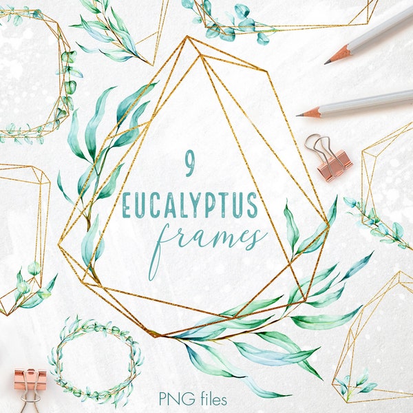 Gold eucalyptus crystal frames clipart, Gold polygonal frames clip art, Gold design elements, Floral watercolor frames, Wedding clipart