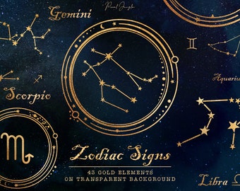 Gold Zodiac Constellations Clipart: Astrology PNG Graphics (Digital Download)