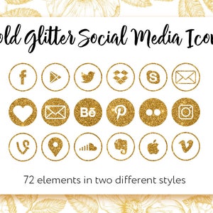May include: A set of 24 gold glitter social media icons. The icons include Facebook, Twitter, Instagram, Pinterest, YouTube, and more. The icons are perfect for adding a touch of sparkle to your social media posts.