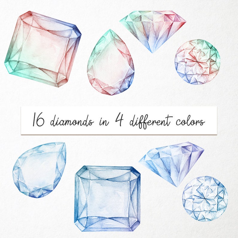 Puede incluir: Ilustraci&oacute;n de acuarela de 16 diamantes en cuatro colores diferentes: azul, verde, rosa y morado. Los diamantes est&aacute;n dibujados en varias formas, incluyendo redonda, de l&aacute;grima y cuadrada.