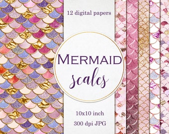 Pink Mermaid scales digital paper set, Watercolor paper, Gold scales, Elegant papers, Backgrounds, Paper pack, Watercolor wallpaper, Glitter
