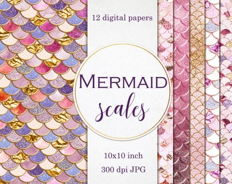 Pink Mermaid scales digital paper set, Watercolor paper, Gold scales, Elegant papers, Backgrounds, Paper pack, Watercolor wallpaper, Glitter