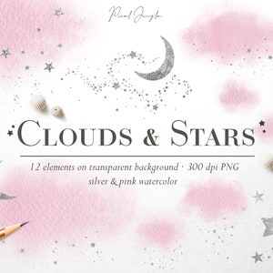 Zilveren maan en sterren met roze aquarelwolken, hemelse overlays, aquarelhemel, zilverstof, aquarelspatten, zilveren sterren, PNG