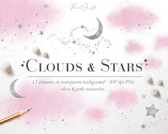 May include: A digital illustration set of pink and silver watercolor clouds and stars. The set includes 12 elements on a transparent background. *CLOUDS & STARS* 12 elements on transparent background 300 dpi PNG silver & pink watercolor