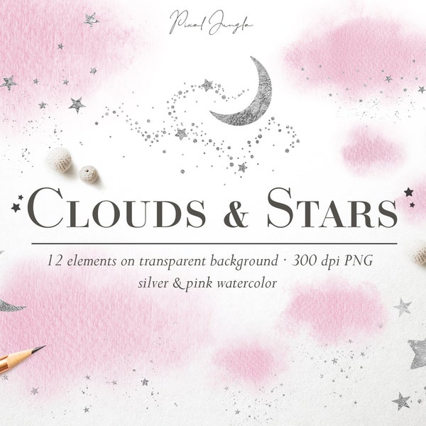 Silver moon and stars with pink watercolor clouds, Celestial overlays, Watercolor sky, Silver dust, Watercolor splashes, Silver stars, PNG