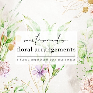 Blumenstrauß Aquarell-Arrangements mit Gold, Nosegay, Kräuter, Goldfolie Blätter, Botanische Clipart, Florale Clipart, Frühling Aquarell Clipart